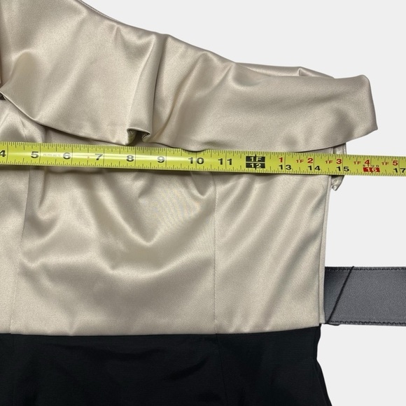 WHBM Cocktail Dress Size 2 One Shoulder Bodycon Ruffle Gold Black Belted Lined - Picture 8 of 13